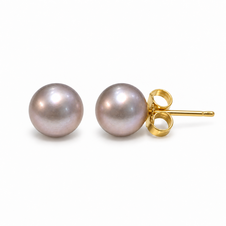 14K Yellow Gold Grey Freshwater Pearl Stud Earrings