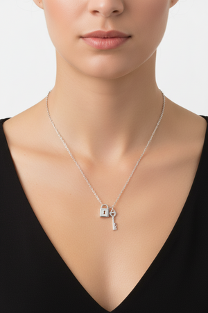 925 Sterling Silver Rhodium Plated Love Key and Lock Necklace