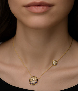 Yellow Gold CZ Evil Eye Necklace, with Two Charms and Extension. 18k, 4.3gr, 17