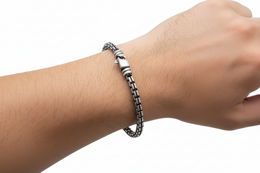 Sterling Silver Hand Made Gun Metal Finish Double Round Box Bracelet