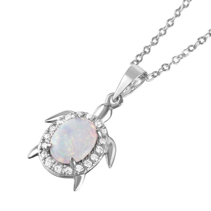 Silver 925 Rhodium-Plated Oval Opal Clear CZ Tiny Turtle Pendant Necklace