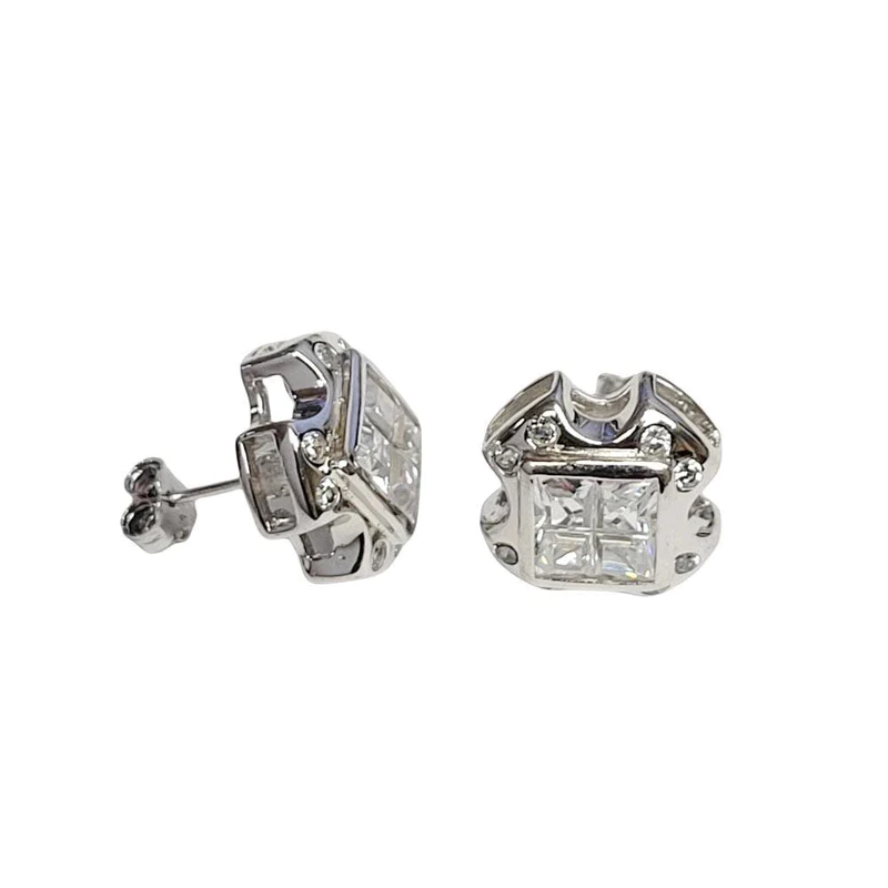 Silver 925 Cross Design Invisible Clear CZ Center Stud Earrings