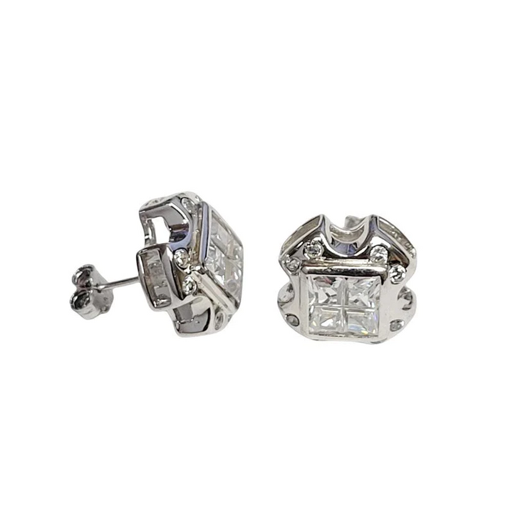 925 Sterling Silver Cross Design Invisible Clear CZ Center Stud Earrings