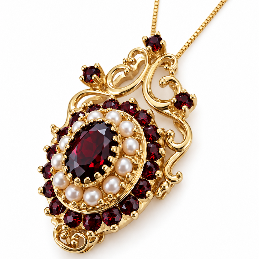 Vintage 14K Yellow Gold Victorian-Style Garnet & Pearl Scroll Pendant