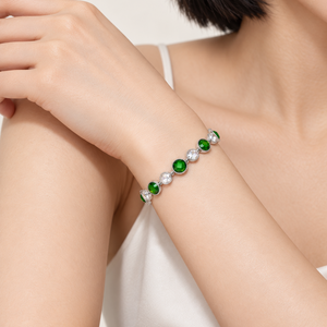 925 Sterling Silver Green & Clear Round CZ Tennis Bracelet