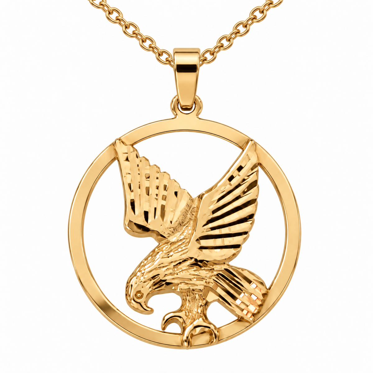 10K Yellow Gold Diamond-Cut Eagle Circle Pendant