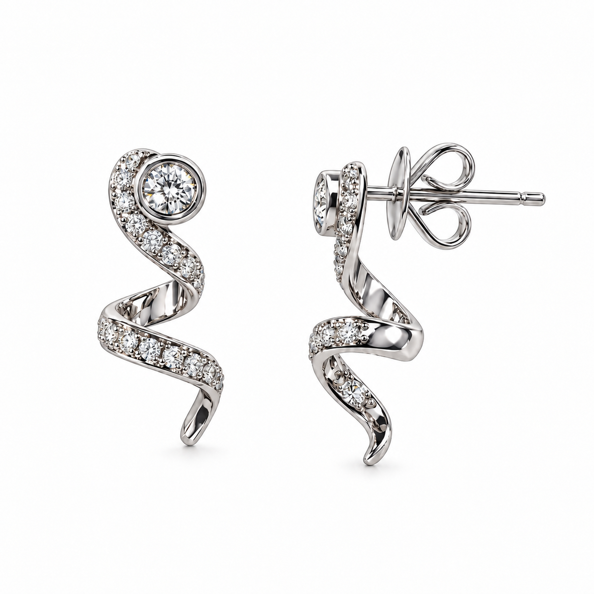 18K White Gold Pavé Diamond Swirl Stud Earrings