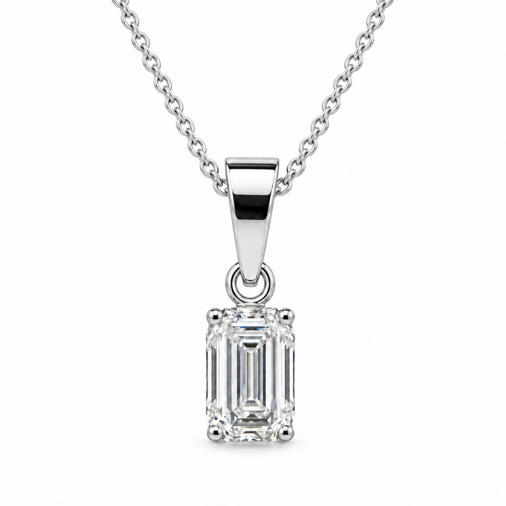 GIA Certified 18K White Gold Emerald Cut Diamond Pendant Necklace