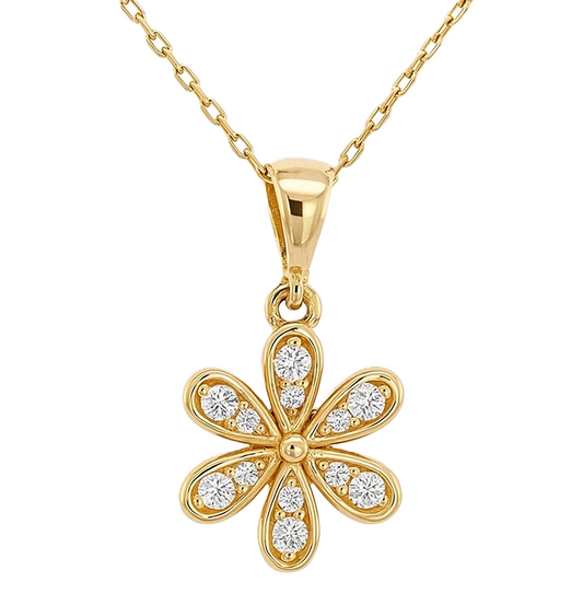 Yellow Gold Flower Pendant  setting with Cubic Zirconia , 14k