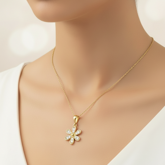 Yellow Gold Flower Pendant  setting with Cubic Zirconia , 14k