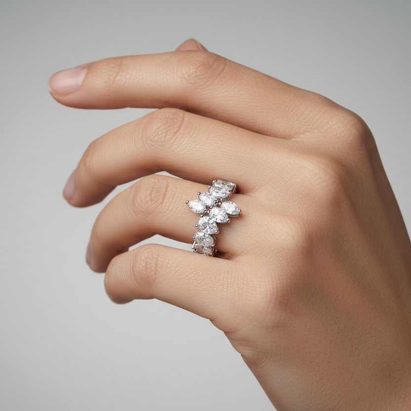 White Gold Wrap around Ring with two rows of CZ, 14k, size 8