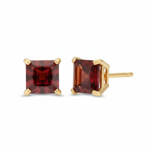 Yellow Gold Square Shape Garnet Earrings. 10k