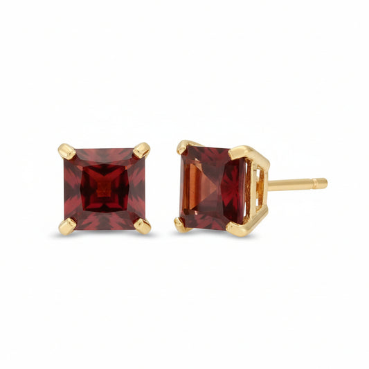 10K Yellow Gold Square Shape Garnet Stud Earrings