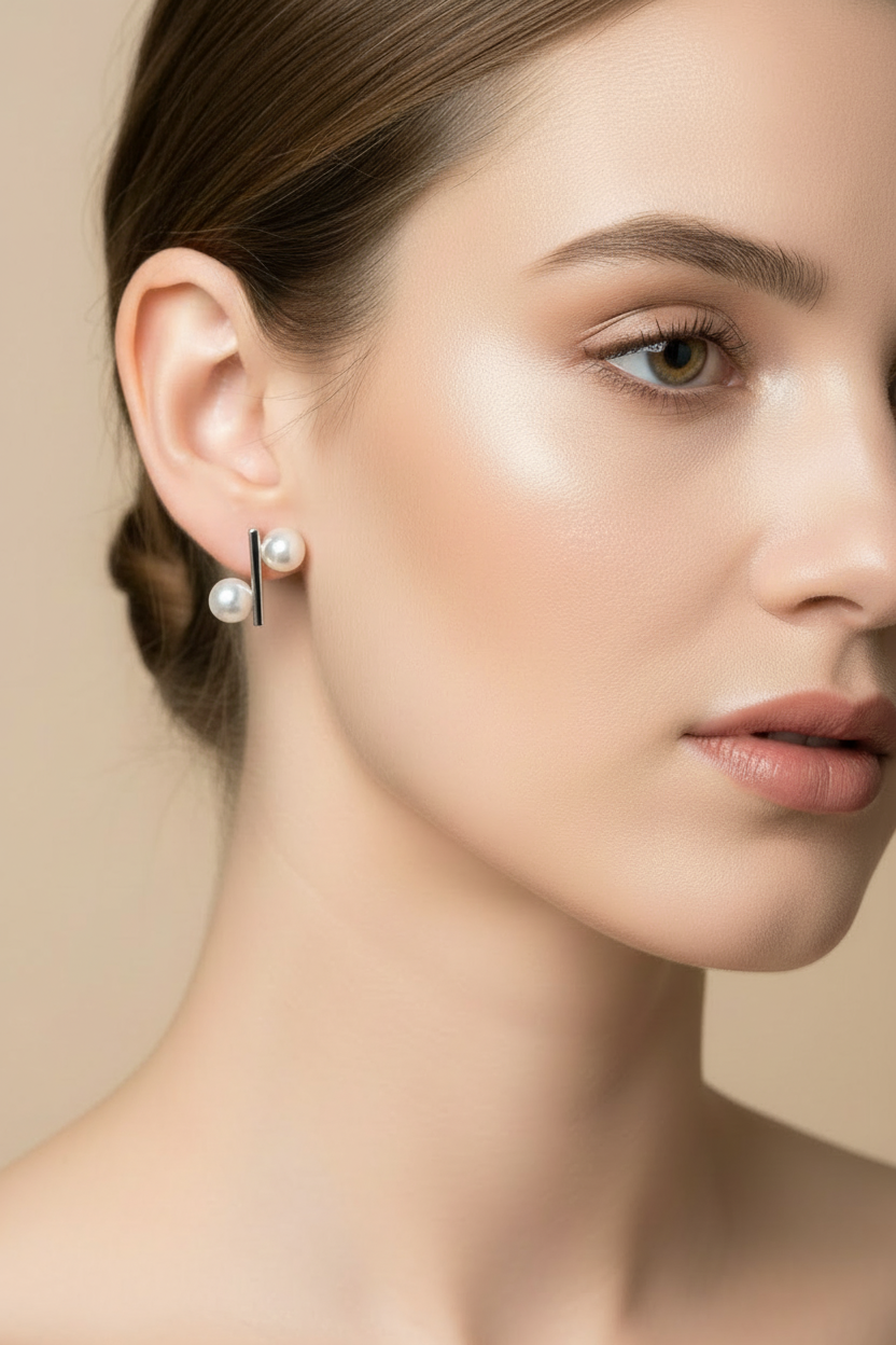 Sterling Silver Rhodium-Plated Sterling Silver Bar with Synthetic Pearl Stud Earrings