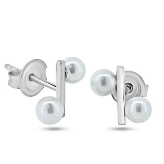 Rhodium Plated 925 Sterling Silver Bar with Synthetic Pearl Stud Earrings