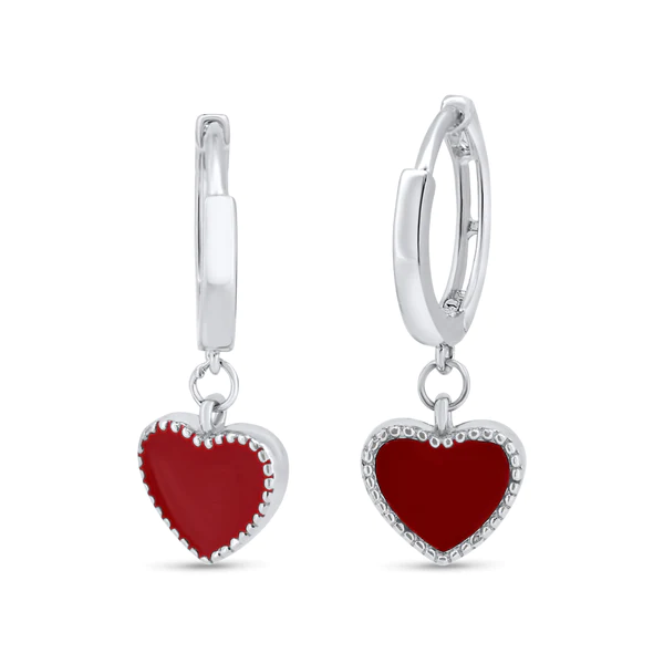 Silver Rhodium Plated Red Enamel Heart 10mm Hoop Earrings