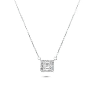 Rhodium Plated 925 Sterling Silver Round Baguette CZ Square Necklace