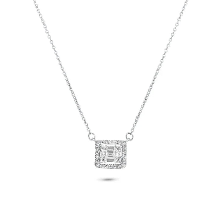 Sterling Silver Rhodium-Plated Sterling Silver Round Baguette CZ Square Necklace
