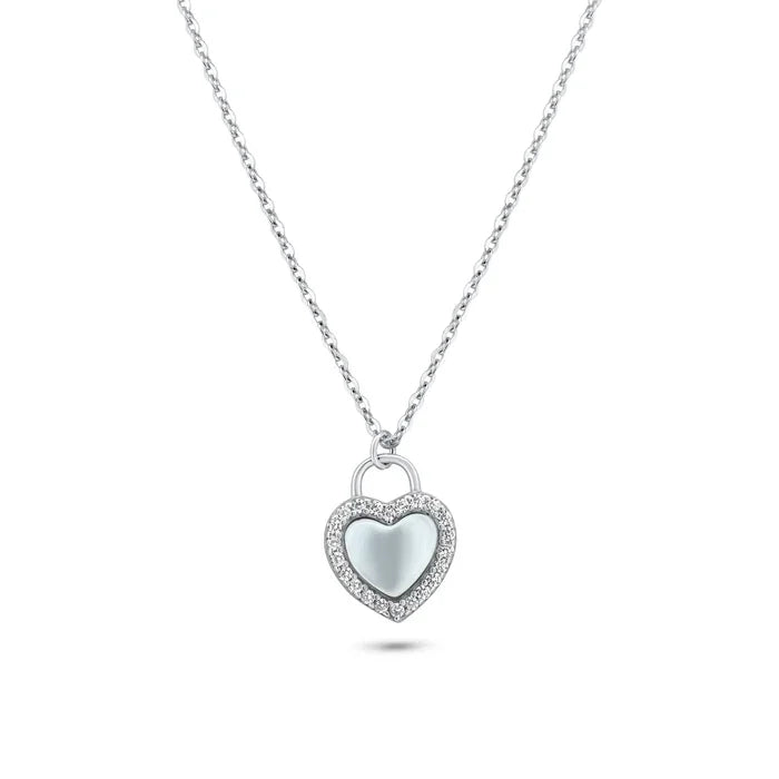 Rhodium Plated 925 Sterling Silver Heart CZ Mother of Pearl Necklace
