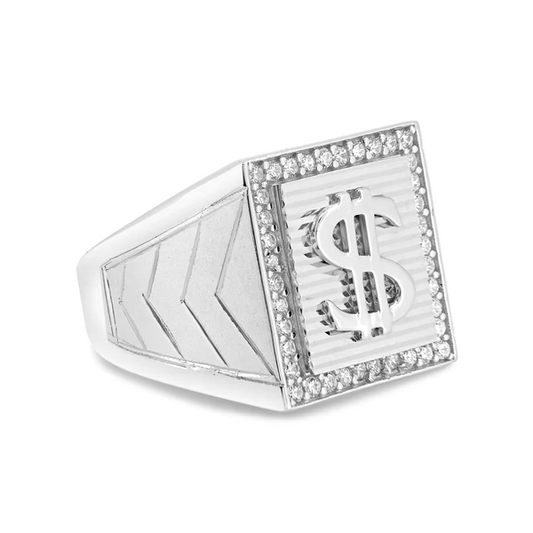 Men's Sterling Silver Rhodium Dollar Sign Ring with CZ