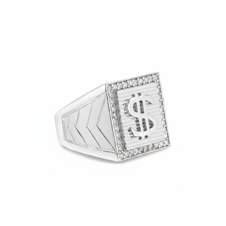 925 Sterling Silver Rhodium Dollar Sign Ring with CZ