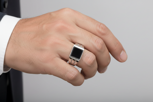 Sterling Silver Rhodium Square Black Onyx Ring