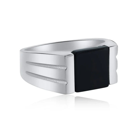 Sterling Silver Rhodium Square Black Onyx Ring