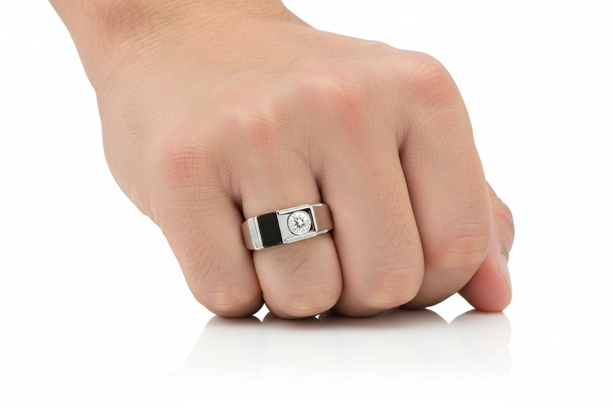 Sterling Silver Rhodium Black Onyx Round CZ Ring