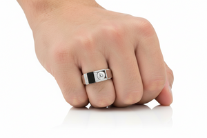 Sterling Silver Rhodium Black Onyx Round CZ Ring