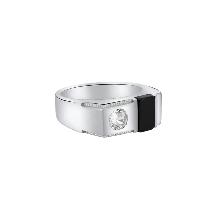 925 Sterling Silver Rhodium Black Onyx Round CZ Ring
