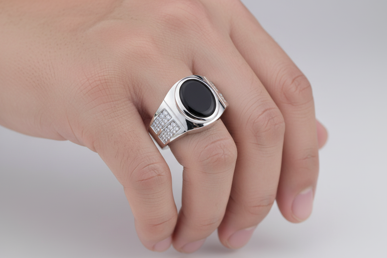 Sterling Silver Men's Sterling Silver Rhodium Oval Black Onyx CZ Shank Ring