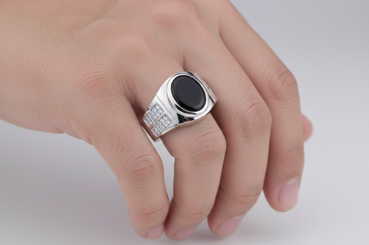 Sterling Silver Men's Sterling Silver Rhodium Oval Black Onyx CZ Shank Ring