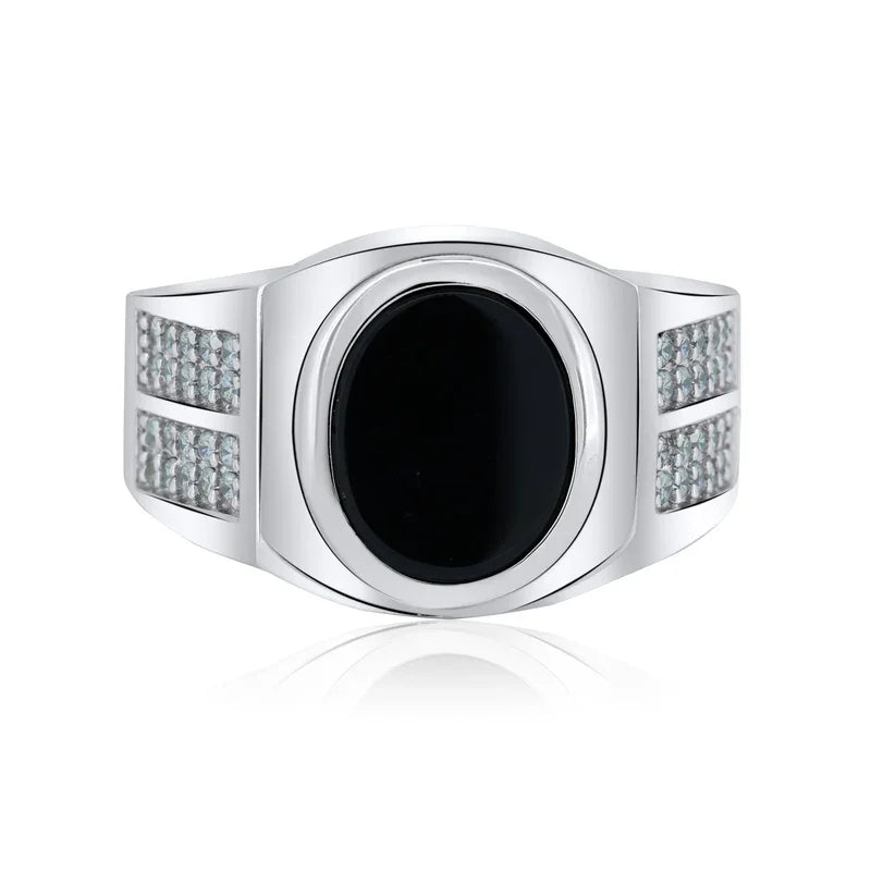 Men's Sterling 925 Sterling Silver Rhodium Oval Black Onyx CZ Shank Ring
