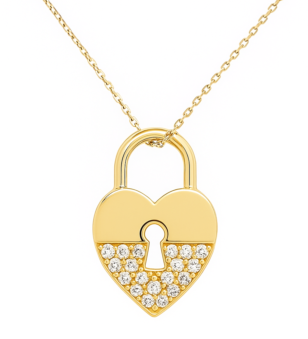 Yellow Gold Necklace,Heart with lock Pendant setting with Cubic Zirconia , 14k