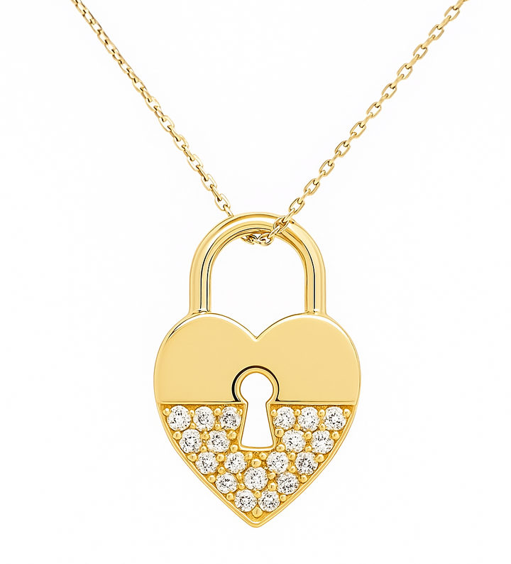 14K Yellow Gold Necklace Heart with lock Pendant setting with Cubic Zirconia