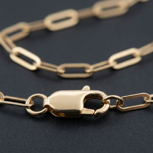 18K Yellow Gold Paperclip Chain Necklace — clasp and link macro detail