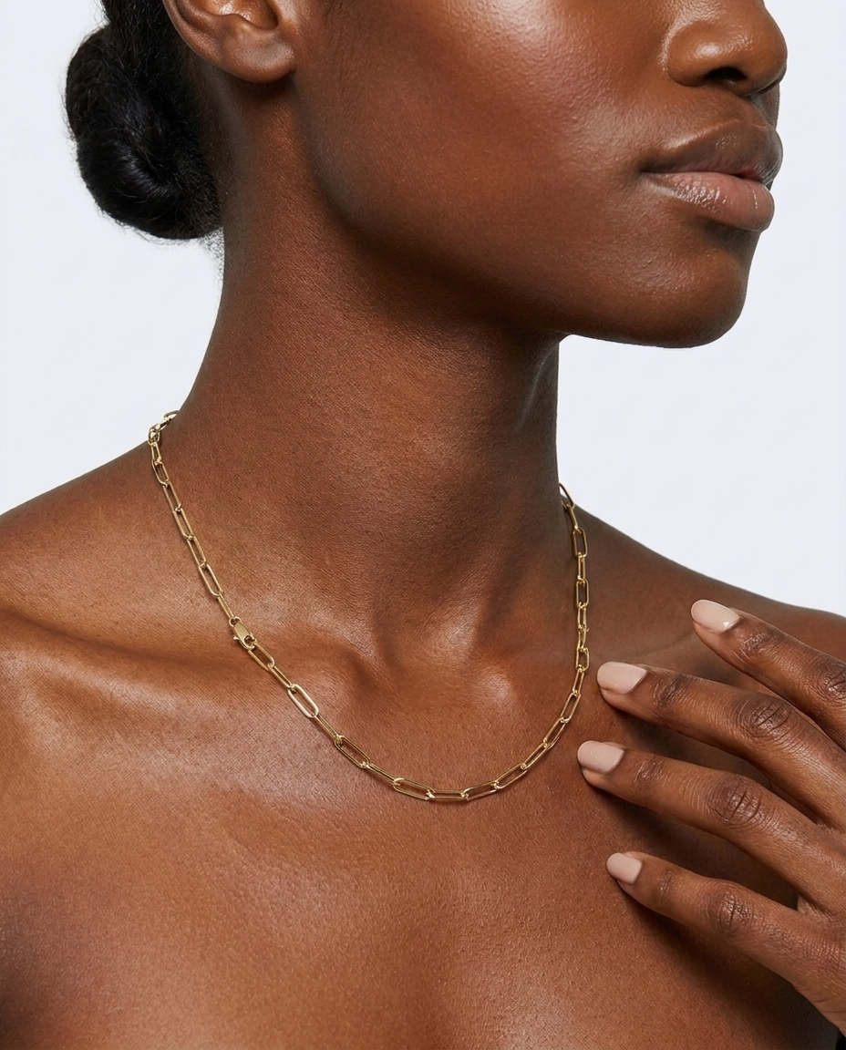 18K Yellow Gold Paperclip Chain Necklace 18" — on model, front