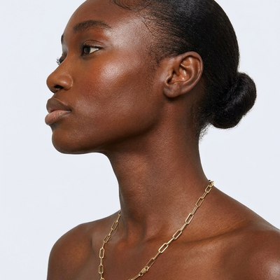 18K Yellow Gold Paperclip Chain Necklace 18" — on model, profile