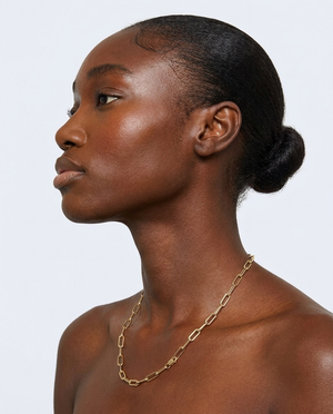 18K Yellow Gold Paperclip Chain Necklace 18" — on model, profile