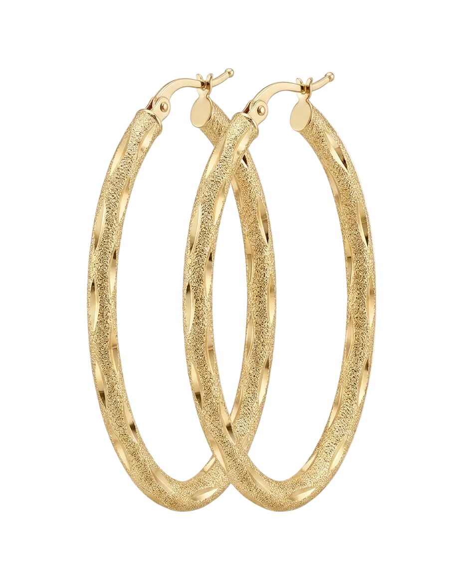 14K yellow gold diamond-cut satin oval hoop earrings, pair, studio hero shot