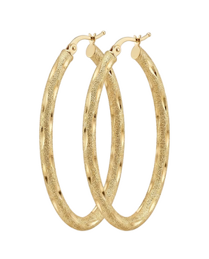 14K yellow gold diamond-cut satin oval hoop earrings, pair, studio hero shot