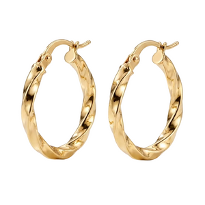 14K Yellow Gold Twisted Hoop Earrings 29mm — studio hero