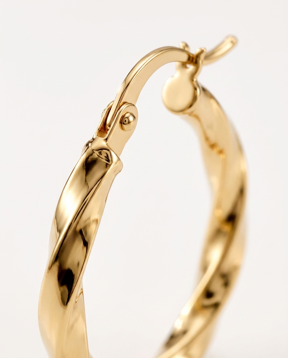 14K Yellow Gold Twisted Hoop Earrings 29mm — macro detail of twist and hinged clasp