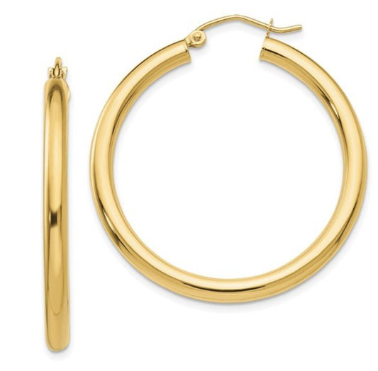 Yellow Gold 2mm Tube Hoop Earrings. 14k, 1.6gr, 35 mm