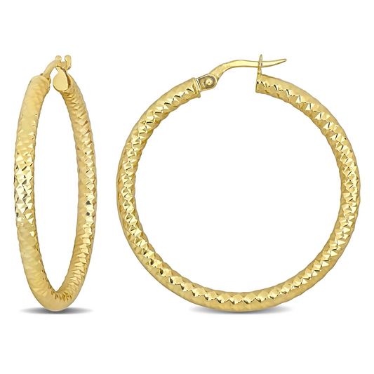 Yellow Gold Hoop Earrings with diamond cut, 14k, 25mm