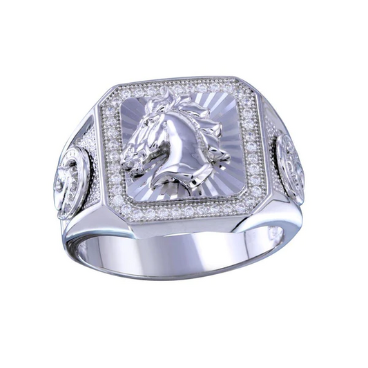Men's Sterling Silver Rhodium Plated Stallion Statement CZ Horse Ring