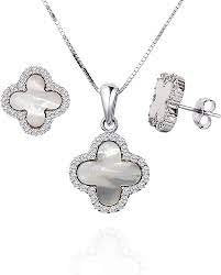 Silver Rhodium Plated Clover Necklace and Earring setting with Mother of Pearl