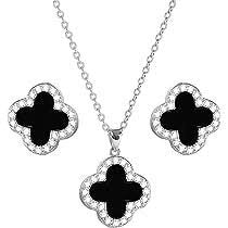 Silver Rhodium Plated Clover Style Necklace and Earrings with Cubic zirconia