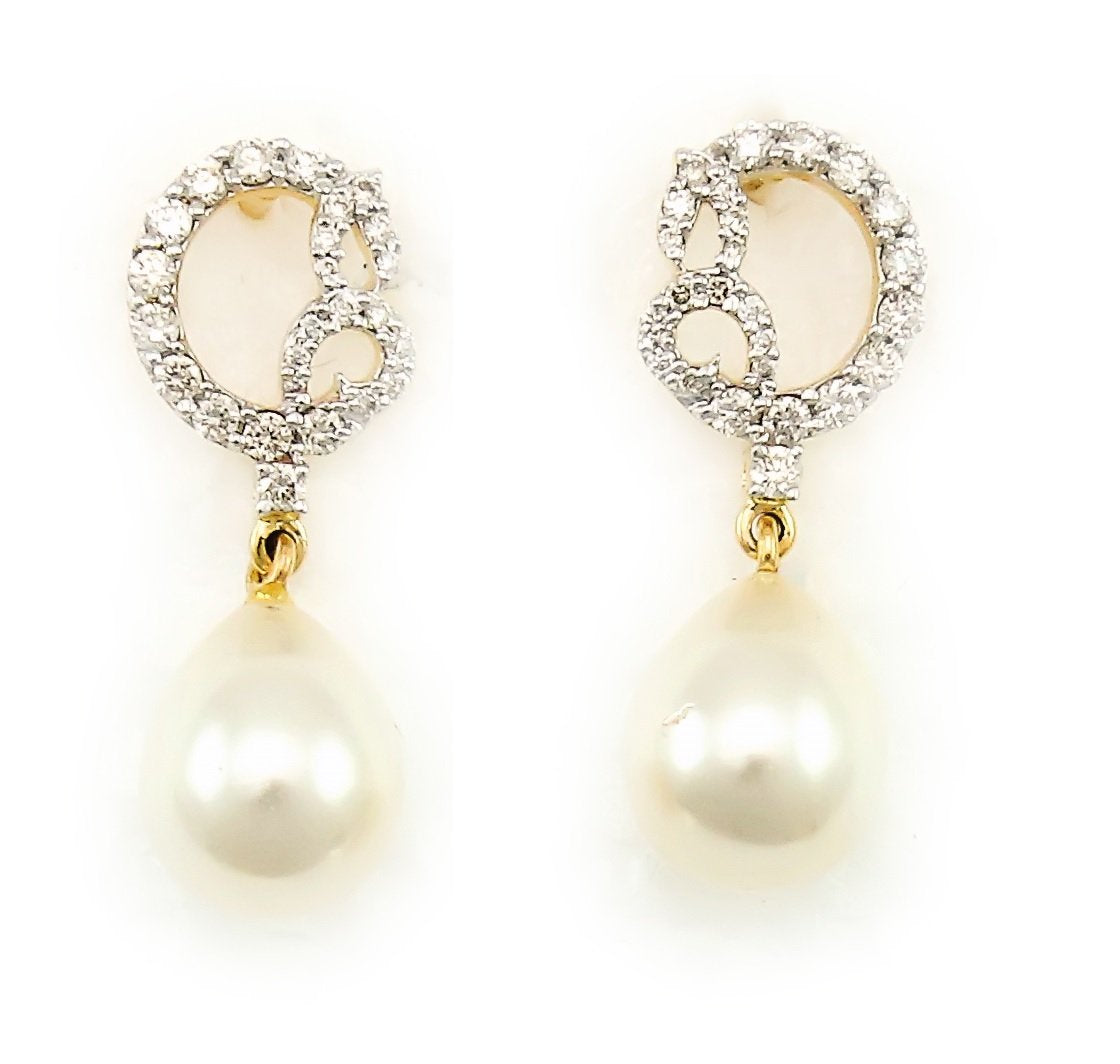 Two Tones Gold Earrings setting with one Pearl and Natural Round Diamond TDW: 0.59ct VS GH 14k