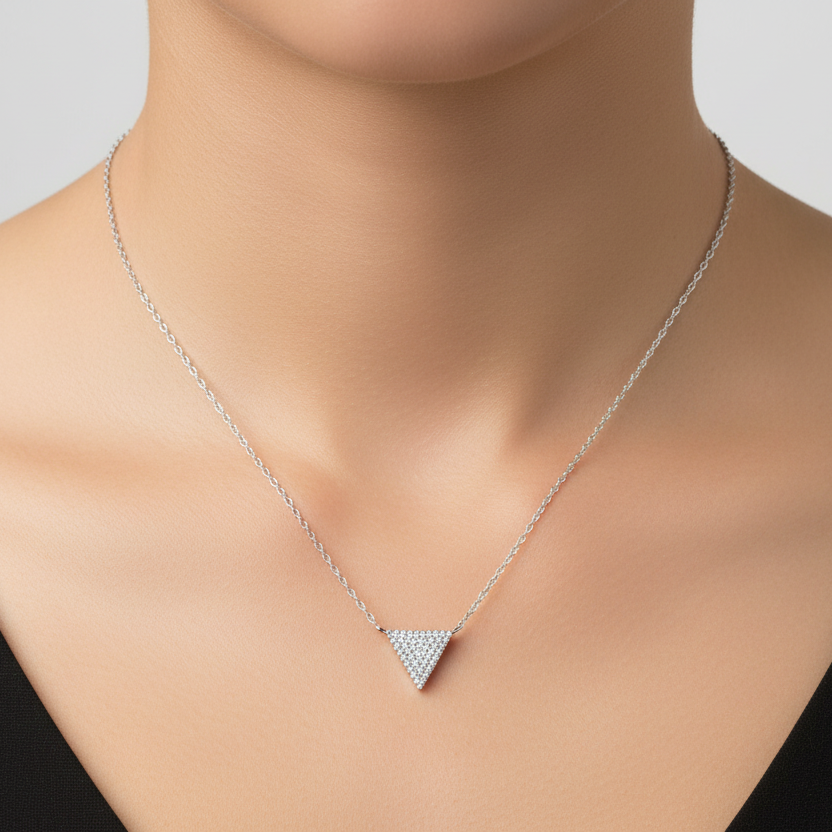 925 Sterling Silver Pavé CZ Triangle Pendant Station Necklace